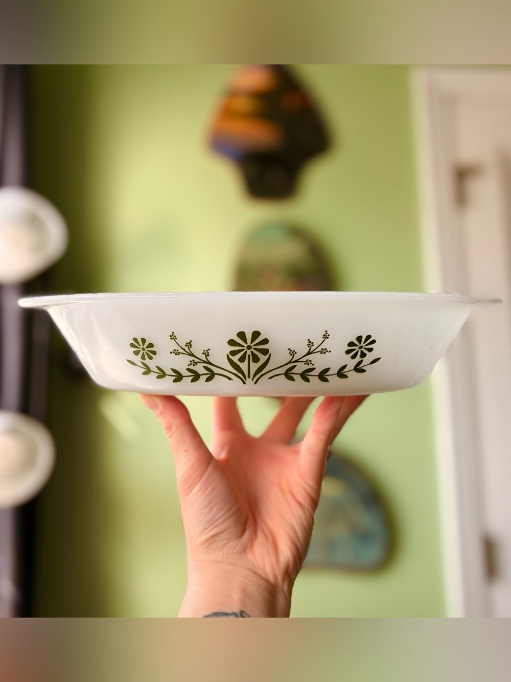 Milk Glass Green Floral Pattern Bakeware Divided Dish by Glasbake